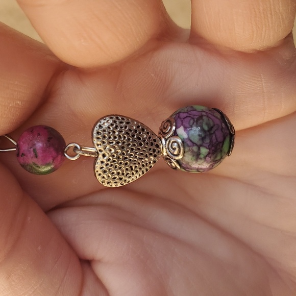 New Rainbow Jasper & Ruby In Fuchsite Ball Silver Heart Pendant. - Picture 9 of 12